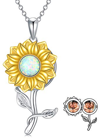 LONAGO Personalisierte Foto Medaillon Halskette 925 Sterling Silber Sonnenblumen Medaillon die Bilder Anhänger Schmuck für Frauen Hält (Medaillon+Personalisiertes Foto)