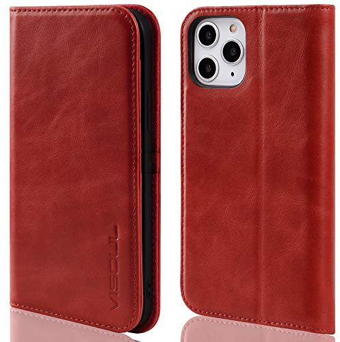VISOUL Hülle für iPhone 12 Pro, iPhone 12 Handyhülle [100% Echtleder] [Lifetime Garantie] [RFID Schutz] [Kartenfach] [Magnet], TPU Stoßfeste Klapphülle Schutz für iPhone 12/12 Pro 5G 6,1 rot