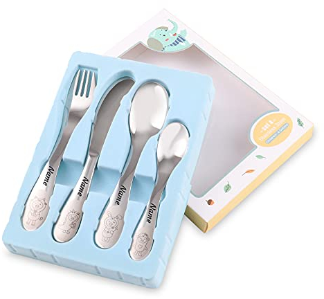 CGFN Personalisiertes Kinderbesteck-Set, Kinderbesteck mit Gravur 4-teilig, 18/10 Edelstahl Polierte Oberfläche, Kinderbesteck mit Namensgravur - Mit Cartoon-Muster, Geschenke zur Taufe (Stil 1)
