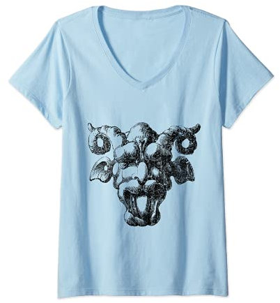 Damen Gruselige Vintage-Wasserspeier Teufel Statue Gesicht T-Shirt mit V-Ausschnitt