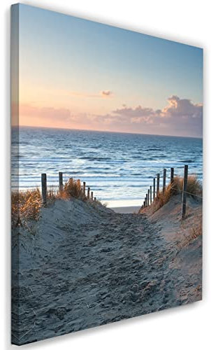 Feeby Vlies Leinwandbild Dünen Strand Ozean Sandiger Weg 40x60 cm Wanddeko Design Kunstdruck Zimmerdeko Bilderwand Gras Natur Wolken Meer Blau