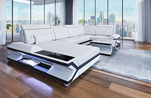 Wohnlandschaft Napoli U Form Sofa in Leder mit LED-Beleuchtung Ledersofa mit Kopfstützen (Ottomane Links, Weiß-Schwarz)