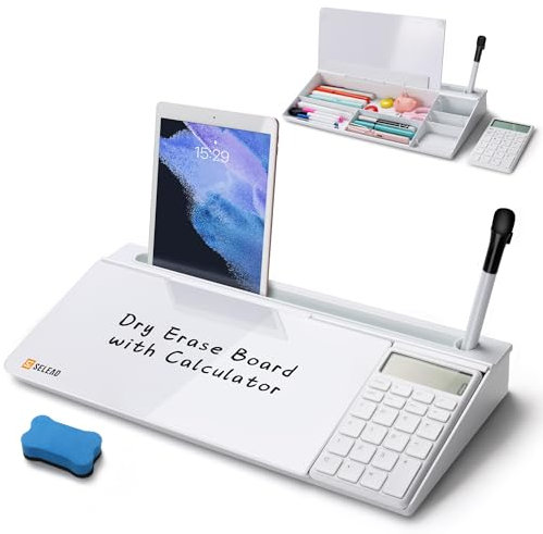SELEAD Desktop Glass Whiteboard with Calculator, Organizer, Markers, Eraser, Holder - Small Dry Erase White Board Computer Pad Keyboard Stand for Home, School, Office Desk Cubicle Accessories