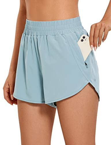 CRZ YOGA Damen Kurz Sporthose Laufhose High Waist Fitness Sport Shorts Kurze Hose mit Reißverschlusstasche Hellgraublau 40