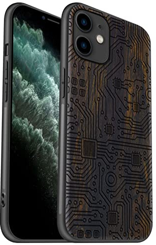 Carveit Coque pour iPhone 11 Protection [Unique Bois Sombre] Artistique Gravure Laser TPU Souple de téléphone Antichoc Compatible avec 11 Coques en Bois (Carte mère)