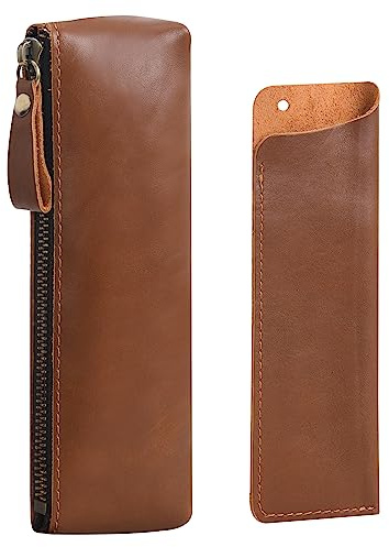 WONDERPOOL Leather 1pc Pencil Case & 1pc Fountain Pen Holder - Portable Compact Drawing Marker Pen Stationery Pouches for School Office Travel Organizer