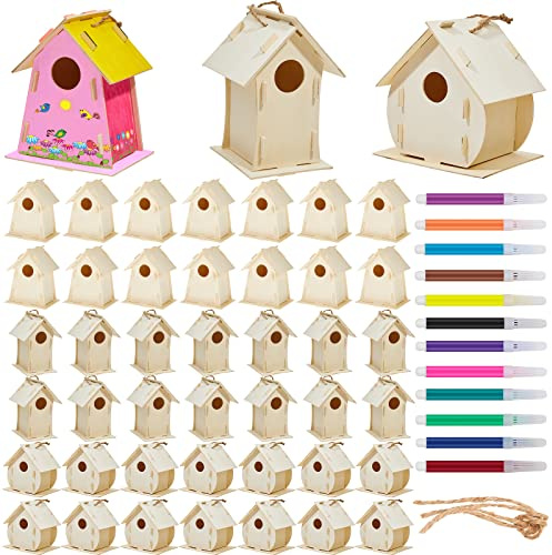 Deekin 21 Sets DIY Birdhouse Kit for Kids to Build and Paint, Include Unfinished Wooden Bird House Strips and Colorful Painting Pens for Fun Craft Activity Creative DIY Art Project