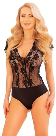 Kalimo Damen Body Spitzenbody Thina | Elegant body Bodysuit kurzarm | Farbe: Schwarz | Größe: XL | Material: Spitze | Spitzenbesatz Satin Tiefer Ausschnitt aus weichem Mesh | für Hosen oder Röcke