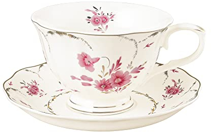 fanquare Tazza da Tè in Porcellana Bianca con Piattino, Tazza da Tè Rosa per Caffè, Latte, Espresso, 200ml