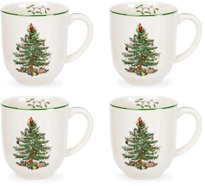 Spode Christmas Tree Cafe Mug (Set of 4) - 14 Oz Ceramic Holiday Coffee Mugs for Tea, Hot Chocolate, Lattes - Festive Design with Santa and Christmas Tree Motif - Microwave & Dishwasher Safe