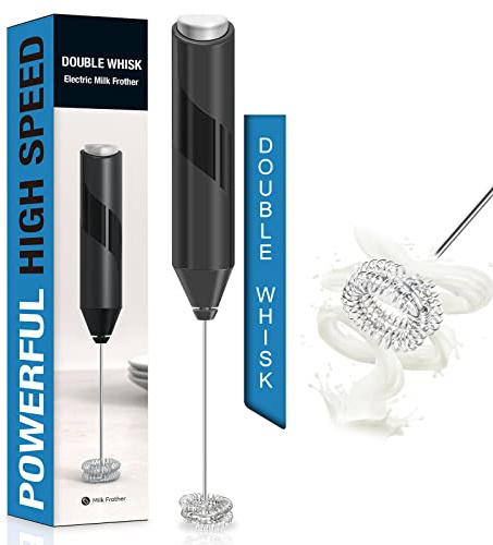 Double Whisk Milk Frother, Handheld Electric Blender stick, Drink Mixer with Food Grade Stainless Steel Stirrer, Battery Operated Foam Maker for Coffee, Cappuccino, Frappe, Matcha, Hot Chocolate Latte