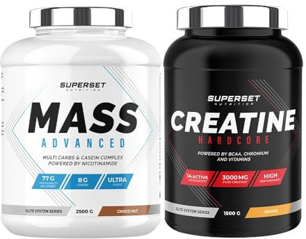 Superset Nutrition | Programme Prise De Masse Avancé - Mass Advanced 2,5kg Choco Nut - Créatine Hardcore 1,5 Kg Orange | Permet de gagner en masse et en volume musculaire en 4 semaines seulement
