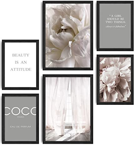 decomonkey | 6er Poster Set mit schwarzem Rahmen | Fashion Blumen Abstrakt | 4 x DIN A4 & 2 x DIN A3 | Wohnzimmer Schlafzimmer Wandposter Blider Collage Modern Wanddeko Pfingstrosen Sprüche Grau