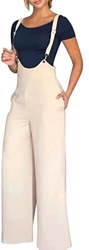 Arbeitsoverall Damen Baggy Oversize Beiläufig Loose Trägerhose Damen Latzhose Sommerhose Mit Träger Jumpsuit Damen Lang Beige M