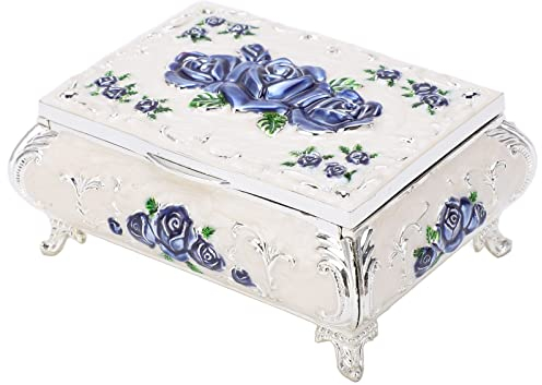 Kleine Schmuckschatulle, Vintage-geprägtes Design, Rosenmuster, Glänzend, Schmuckstück, Schatz, Antikes Andenken, für Frauen und Mädchen (silberweiße blaue Rose)