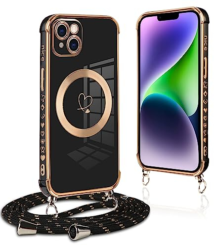 Pnakqil Coque Magnétique pour iPhone 14 Plus Con Cordon, Compatible avec MagSafe, Silicone Housse avec Motif Coeur d'amour Réglable Collier Lanyard, Antichoc Etui pour iPhone 14Plus 6.7 Pouces, Noir