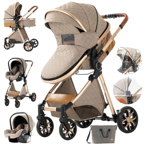 MoLi Kinderwagen 3 in 1, Kinderwagen mit Umkehrbarem Doppelschiebemodus, Buggy mit Großer Bequemer Babywanne, Kombikinderwagen 3 in 1 Rahmen Aluminiumlegierung Faltbar Hohe Landschaft (225 Khaki)