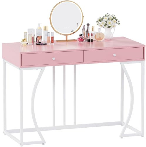 Weehom Scrivania con cassetti – scrivania moderna per trucco per camera da letto, toeletta con contenitore o piccola scrivania per computer per casa, ufficio, rosa e bianco