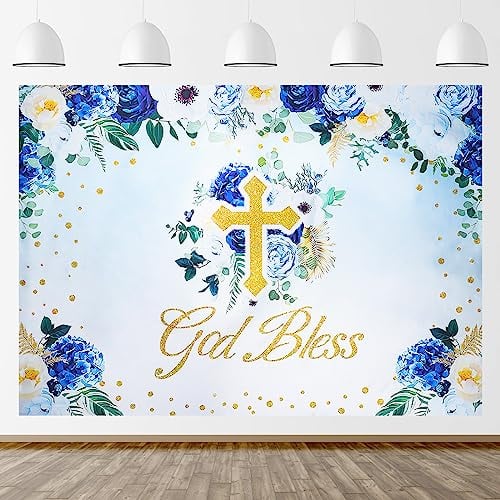 OSDUE God Bless Backdrop, Taufe Party Hintergrund Erstkommunion Taufe Banner, Grüne Blätter, Neugeborene, Babyparty, Blau Fotografie-Hintergrund, Fotokabine (2,1 x 1,5 m)