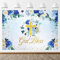 OSDUE God Bless Backdrop, Taufe Party Hintergrund Erstkommunion Taufe Banner, Grüne Blätter, Neugeborene, Babyparty, Blau Fotografie-Hintergrund, Fotokabine (2,1 x 1,5 m)