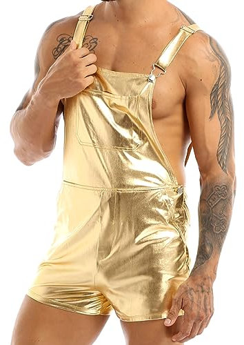 Nyeemya Mens Metallic Bib Overalls Suspender Short Dungaree Hotpants Shiny Metallic Party Costume Clubwear Gold S