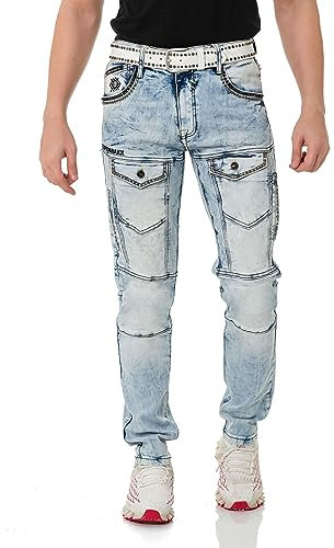 Cipo & Baxx Herren Jeans Hose Regular Fit Bikerhose Nieten Taschen Denim Freizeithose CD810 Hellblau W30 L32