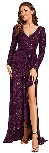 Ever-Pretty Vestito da Sera Elegante con Spacco Paillettes Lungo Scollo a V Manica Lunga Abito da Cerimonia EE50146 Viola Scuro 36