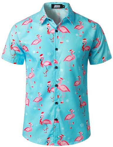 JOGAL Chemise de Noël funky à manches courtes pour homme - Chemise hawaïenne boutonnée - Imprimé Père Noël - Chemise de loisirs, Flamant rose bleu clair, XL