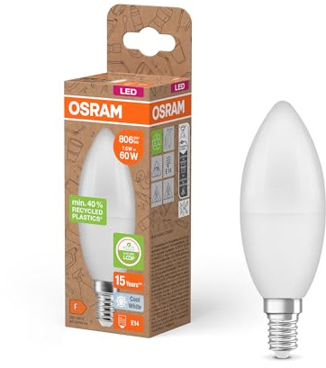 Osram LED STAR CLASSIC B 60 FR LED-Lampe, E14, klassische Minikerzenform, weiß, 7,5W, 806lm, 4000K, kaltweißes Licht, sehr geringer Energieverbrauch, mit recyceltem Kunststoff, 6 - Pack
