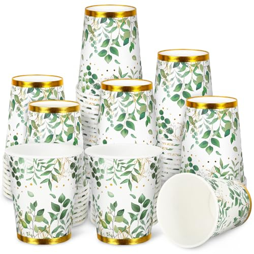 Whaline 50 Stück Eukalyptusbecher, grüne Pappbecher, 266 ml, Einweg-Kaffee-Pappbecher, Trinkbecher für Party, Waldwesen, Thema, kalte Heißgetränke, Geburtstag, Hochzeit, Braut, Dusche, Partyzubehör