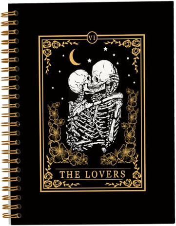 JWVK Schwarzes Tarotkarten-Notizbuch für Liebhaber, Skelett-Liebhaber, Gothic-Stil, Totenkopf-Notizbuch, Tagebuch für Arbeit, Büro, Schule, Studenten, Lehrer, Hardcover, Spiralnotizbuch, 14 x 21 cm