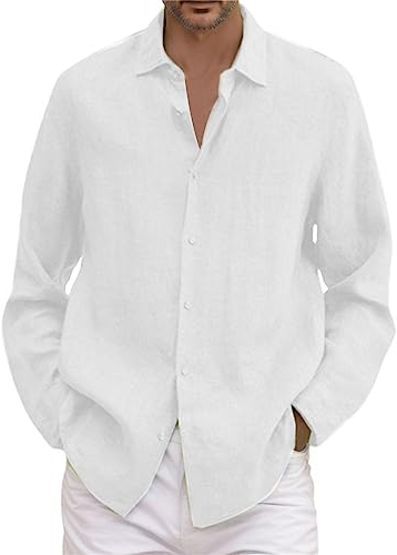 Chemise en lin pour homme - Coupe droite - Manches longues - Boutonnée - Chemise d'été - Infroissable - Coupe droite - Coton - Col montant, Blanc., XL