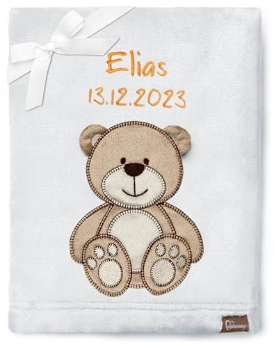 Be Mammy Personalisierte Babydecke mit 3D Applikation Warme Kuscheldecke mit Namen und Geburtsdatum; Perfektes Baby Geschenk; Blanket; Krabbeldecke BE20-280 (Hellgrau - Bär)
