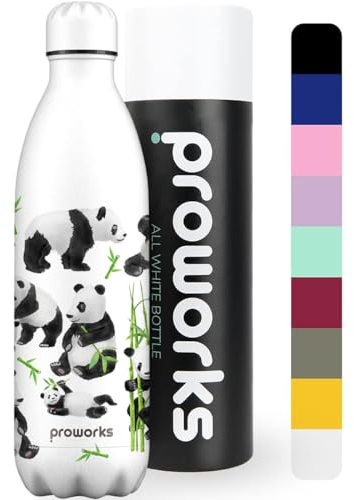 Proworks Edelstahl-Trinkflasche, 24 Stunden kalt und 12 Stunden heiß – Vakuum-Wasserflasche – perfekte isolierte Flasche für Sport, Laufen, Radfahren, Yoga, Wandern und Camping – 1 Liter – ganz weiß