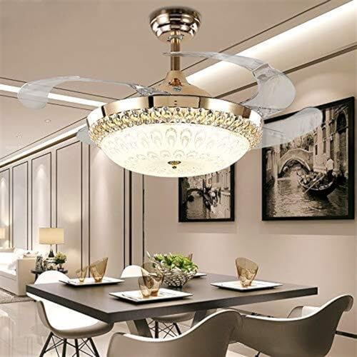 Hertl Ventiladores de techo con luces y control remoto,Luz de ventilador de techo invisible de iones negativos,Ventiladores de techo de cristal dorado Luz tricolor atenuación Sala de estar Lámpara de