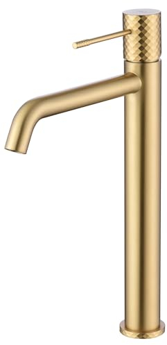 MICE - Grifo monomando con caño alto para lavabo hecho de latón con tecnologia la apertura en frío - Apto para agua Frio/Caleiente - Griferia de diseño para Lavamanos Oro Cepillado - BDG053-3OC
