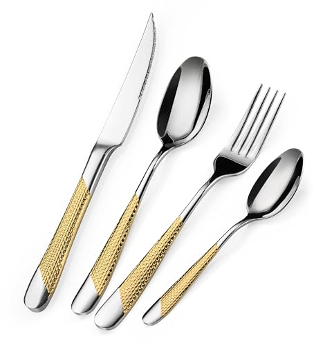 16 Piece Cutlery Set, Silver-Gold Stainless Steel Knife and Fork Sets Service for 4, Hammered Pattern Design Tableware with Forks/Spoons/Knives, Modern Silverware Set for Home/Restaurant/Party
