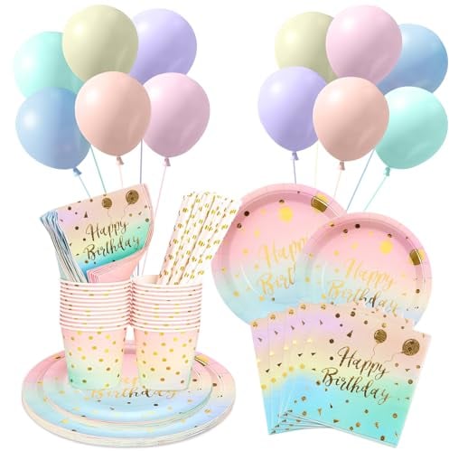 Pastel Party Paper Plates, Cups and Napkins Set - Christening Birthday Decorations With Balloon Cups, Straws - Rainbow Tableware for Baby Shower Girl