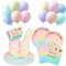 Pastel Party Paper Plates, Cups and Napkins Set - Christening Birthday Decorations With Balloon Cups, Straws - Rainbow Tableware for Baby Shower Girl