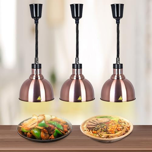 BOVDC Wärmelampe Küche Gastro, Wärmelampe für Speisen Hängend 19cm/25cm, Lebensmittel Wärmelampe Küche Höhenberstellbar für Buffets und Hotels(Kupfer-25cm, 3 Stück)