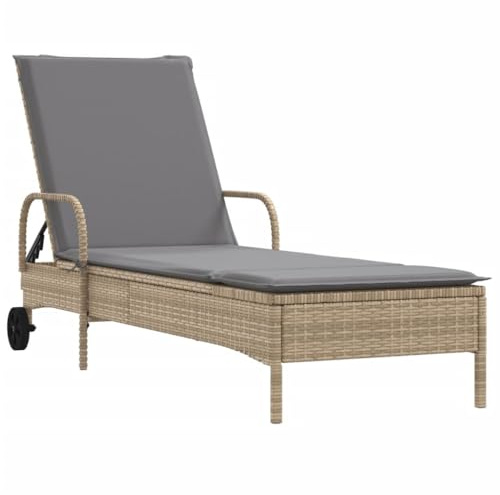vidaXL Sonnenliege mit Rollen Auflage, Gartenliege Verstellbare Rückenlehne, Sonnenbett für Außenbereich, Relaxliege Gartenmöbel, Beige Poly Rattan