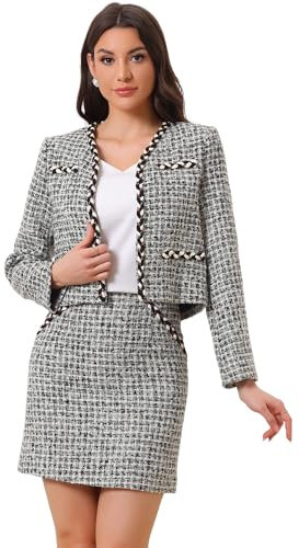 Allegra K Tenues en Tweed à Carreaux pour Femmes Ensemble Veste Blazer Courte et Jupe Ouverte sur Le Devant Noir M