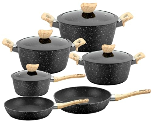 WXFKLDJ Black, Pots And Pans Set 10 Piece Kitchen Cookware Sets Nonstick Granite Coating Cooking Set Induction Compatible with Frying Saucepan, Sauté Pan