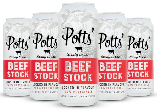 Potts’ Beef Stock in Can, 500ml, Pack of 5 - Canned Beef Broth for Soups, Sauces, & Stews - Flavour Enhancer Made with Beef Fat & Bones - Easy Open Can, Ready to Use Stock