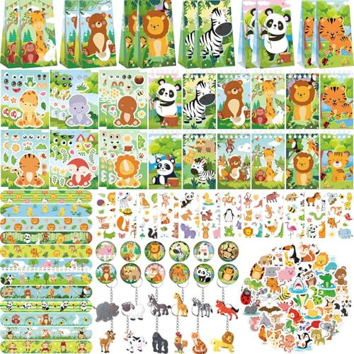 LSJDEER Bomboniere per feste con animali selvatici, decorazioni di compleanno safari nella giungla, regali con animali, borse, portachiavi, mini blocco note, braccialetti per feste con animali, per