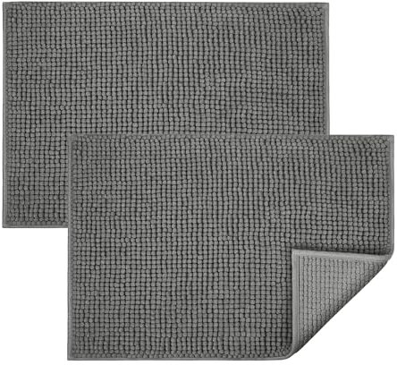 BedLooms Grey Bath Mat Non-Slip Anti Mould, 2 Pack 50x80cm Chenille Bathroom Mat, Ultra Soft Machine Washable Bath Mats Water Absorbent Shower Mat