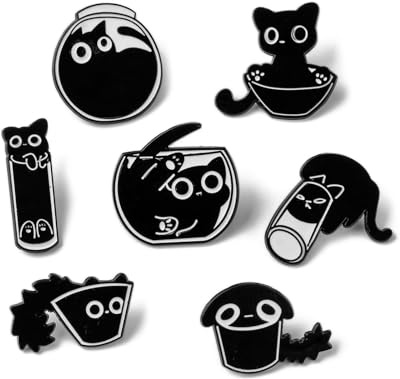 DHWEKU Lot de 7 broches en émail chat noir pour femmes et filles - Broche mignonne en émail pour vestes - Broche en émail chat ludique