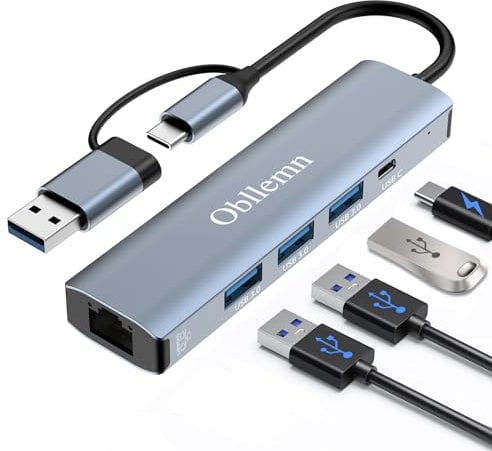 Obllemn Adaptateur USB Ethernet 1000 Mbit/s Adaptateur Ethernet U-SB C, A-daptateur RJ45 USB C mit 3 *USB 3.0 & USB C Ports, U-SB-C Auf E-thernet A-dapter für Mac/Windows XP/Linux/Chromebook