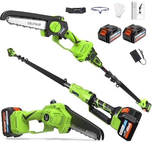 2-in-1 Cordless Pole Saw 8 Inch&Mini Chainsaw, w 2× 21V 4.0Ah Batteries, 15ft Max Reach, Electric Pole Chainsaw for Tree Trimming Branch Cutting, Brushless Motor, Extending Pole