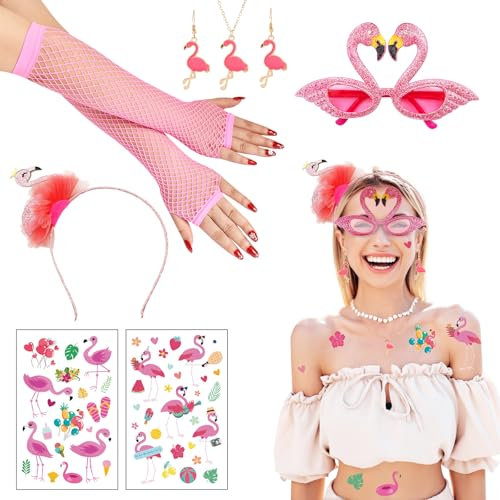 NebulaGlam 7 Stück Flamingo Kostüm Damen, Flamingo Haarreif Aufkleber Hawaii Haarschmuck Flamingo Brille Handschuhe Halskette Ohrringe für Hawaii Kostüm Flamingo Party Karneval Fasching Kostüm